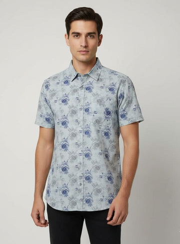 Men’s Light Blue Rose Floral Print Short Sleeve Shirt | Slim Fit Soft Cotton Smart Casual | Sizes S–XL | MH