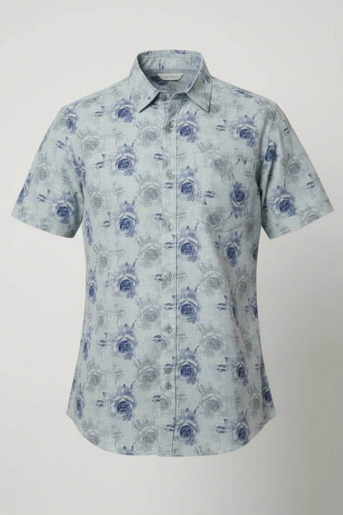 Men’s Light Blue Rose Floral Print Short Sleeve Shirt | Slim Fit Soft Cotton Smart Casual | Sizes S–XL | MH