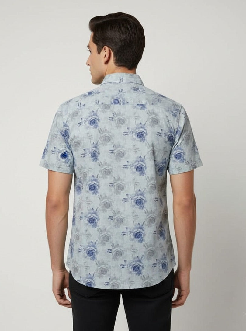 Men’s Light Blue Rose Floral Print Short Sleeve Shirt | Slim Fit Soft Cotton Smart Casual | Sizes S–XL | MH