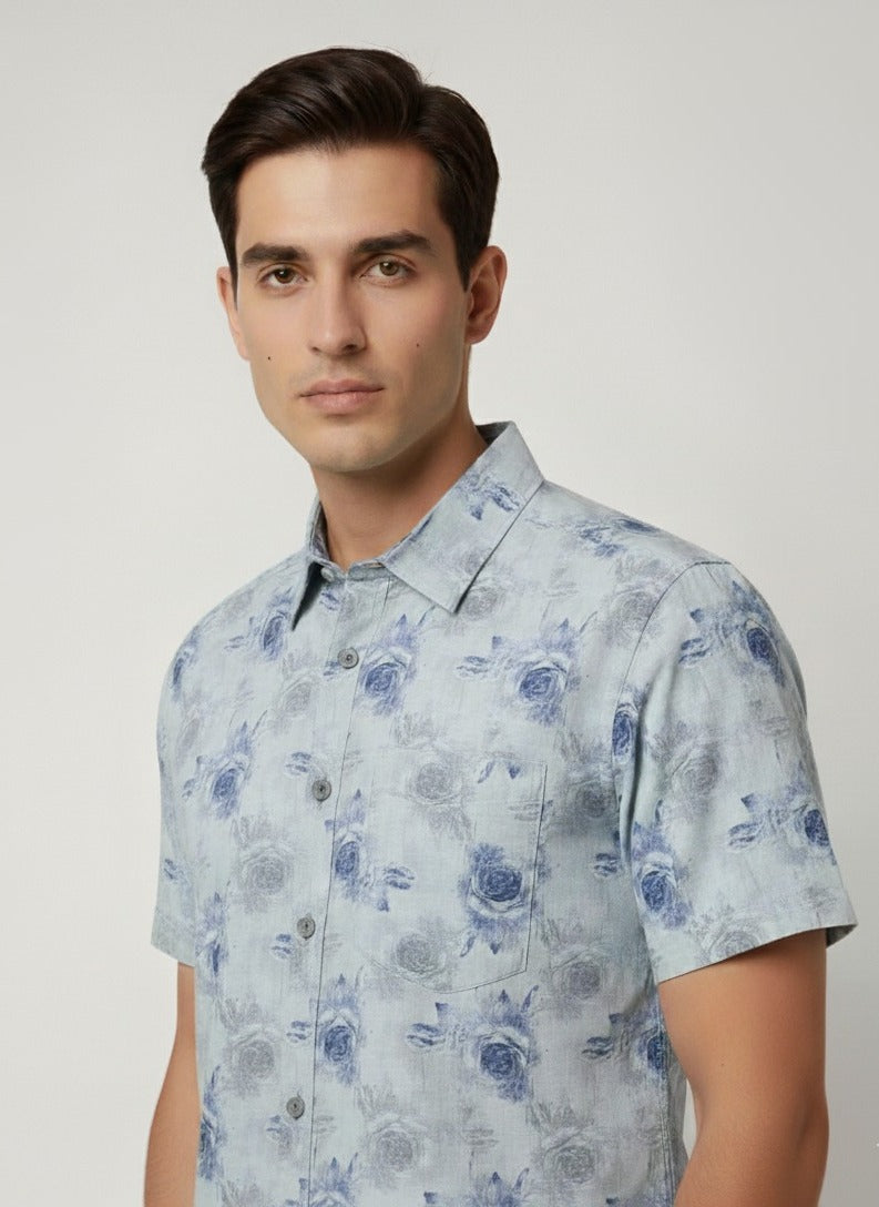 Men’s Light Blue Rose Floral Print Short Sleeve Shirt | Slim Fit Soft Cotton Smart Casual | Sizes S–XL | MH