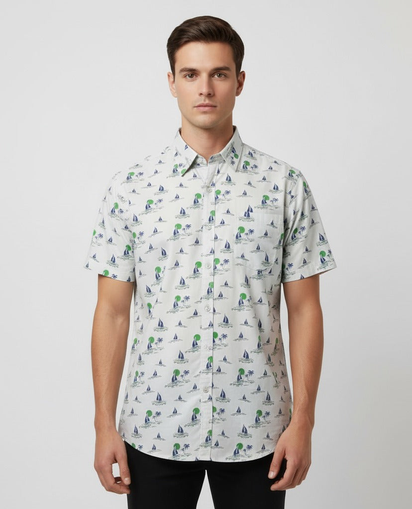 Men’s White Nautical Sailboat & Palm Tree Print Short Sleeve Shirt | Slim Fit Summer Holiday | Sizes S–XXL | MH