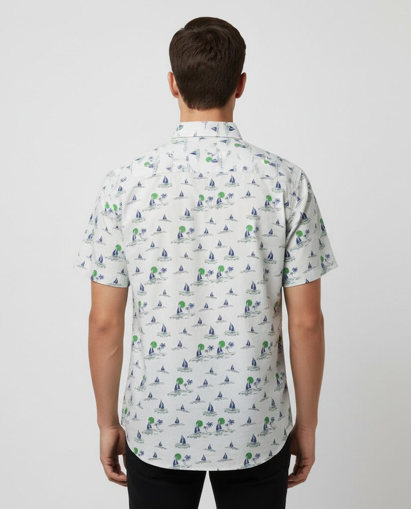 Men’s White Nautical Sailboat & Palm Tree Print Short Sleeve Shirt | Slim Fit Summer Holiday | Sizes S–XXL | MH