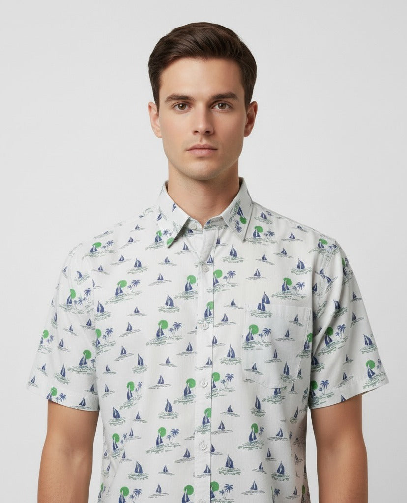 Men’s White Nautical Sailboat & Palm Tree Print Short Sleeve Shirt | Slim Fit Summer Holiday | Sizes S–XXL | MH