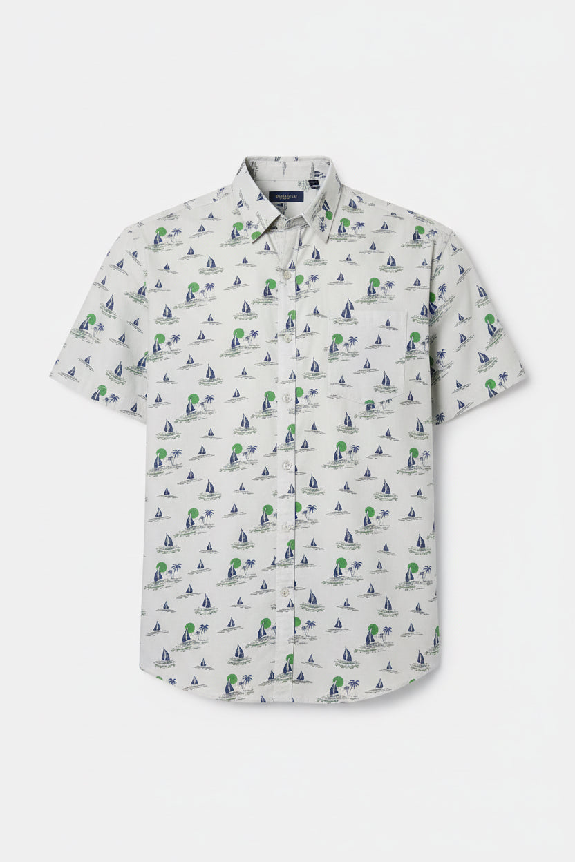 Men’s White Nautical Sailboat & Palm Tree Print Short Sleeve Shirt | Slim Fit Summer Holiday | Sizes S–XXL | MH