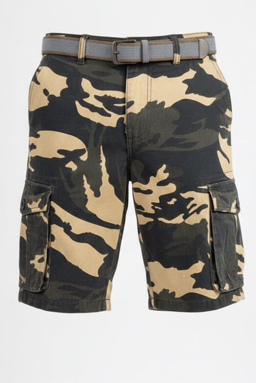 Men’s Rugged Army Print 6-Pocket Cargo Shorts – Heavy Duty Camo with Belt (Sizes 30-38)