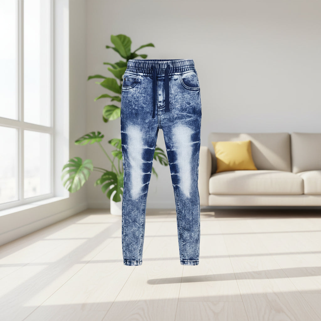 Kids Casual Washed Wide Fit Elastic Waist Denim Pants Cotton Trousers with Pockets|MH (2-12yrs)