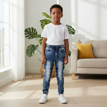 Kids Casual Washed Wide Fit Elastic Waist Denim Pants Cotton Trousers with Pockets|MH (2-12yrs)