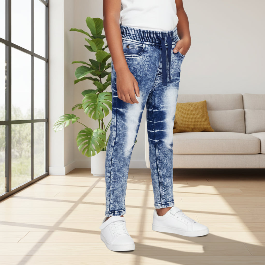 Kids Casual Washed Wide Fit Elastic Waist Denim Pants Cotton Trousers with Pockets|MH (2-12yrs)