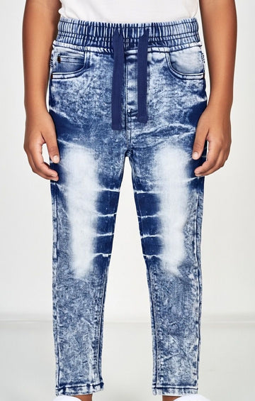 Kids Casual Washed Wide Fit Elastic Waist Denim Pants Cotton Trousers with Pockets,MH