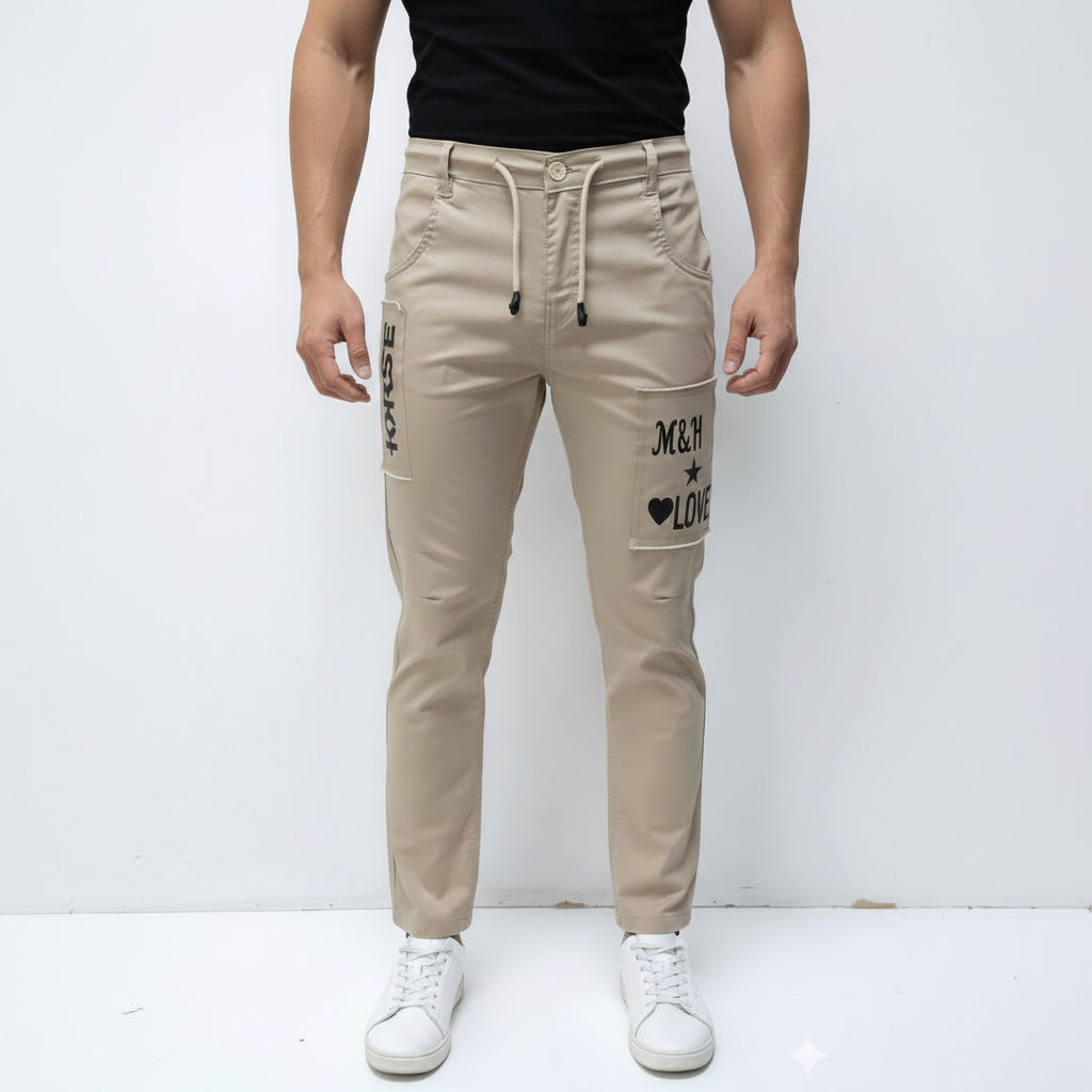 Men's Urban style Slim-Fit Patches Pants With Adjustable Drawstring Beige Cargo Jogger Pants 17-24 Years - Casual Trousers with Pockets | MH