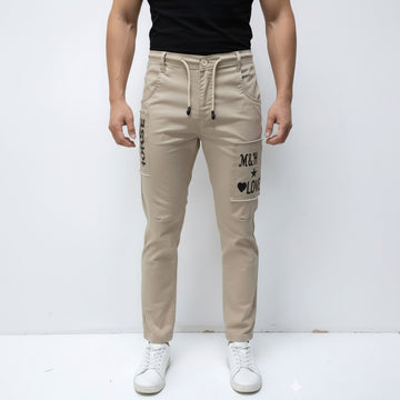 Men's Urban style Slim-Fit Patches Pants With Adjustable Drawstring Beige Cargo Jogger Pants 17-24 Years - Casual Trousers with Pockets | MH