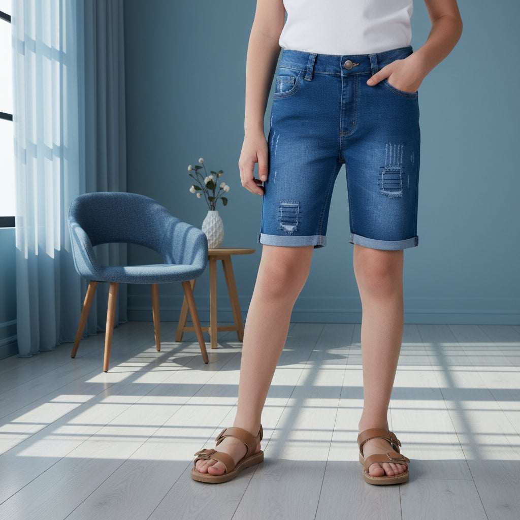 Kids' Distressed Denim Shorts – Stretch Cotton Jean Shorts with Rolled Hem (Ages 1-12)
Product Descr| MH