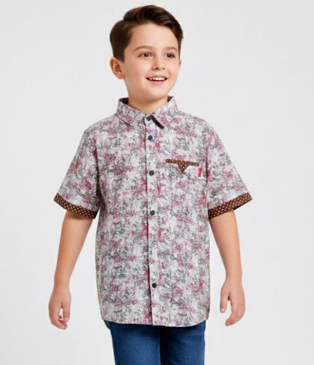 Kid Boy's Floral Printed Contrast Trim Short-Sleeve Shirt | MH Size (2-12Years)