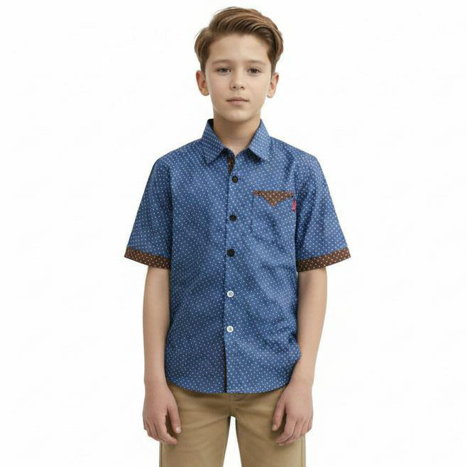 Kid Boy's Dot Printed Contrast Trim Short-Sleeve Shirt | MH Size (2-12Years)