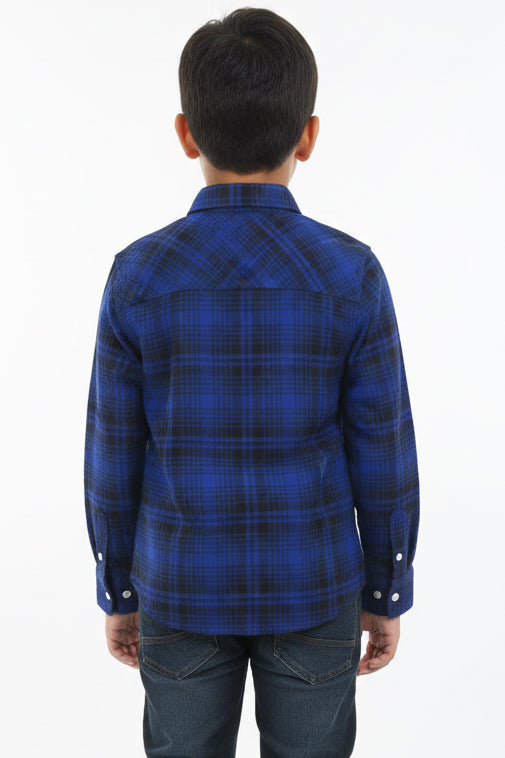 Boys' Blue Plaid Flannel Shirt - Long Sleeve Cotton Button-Down (3-14Years)