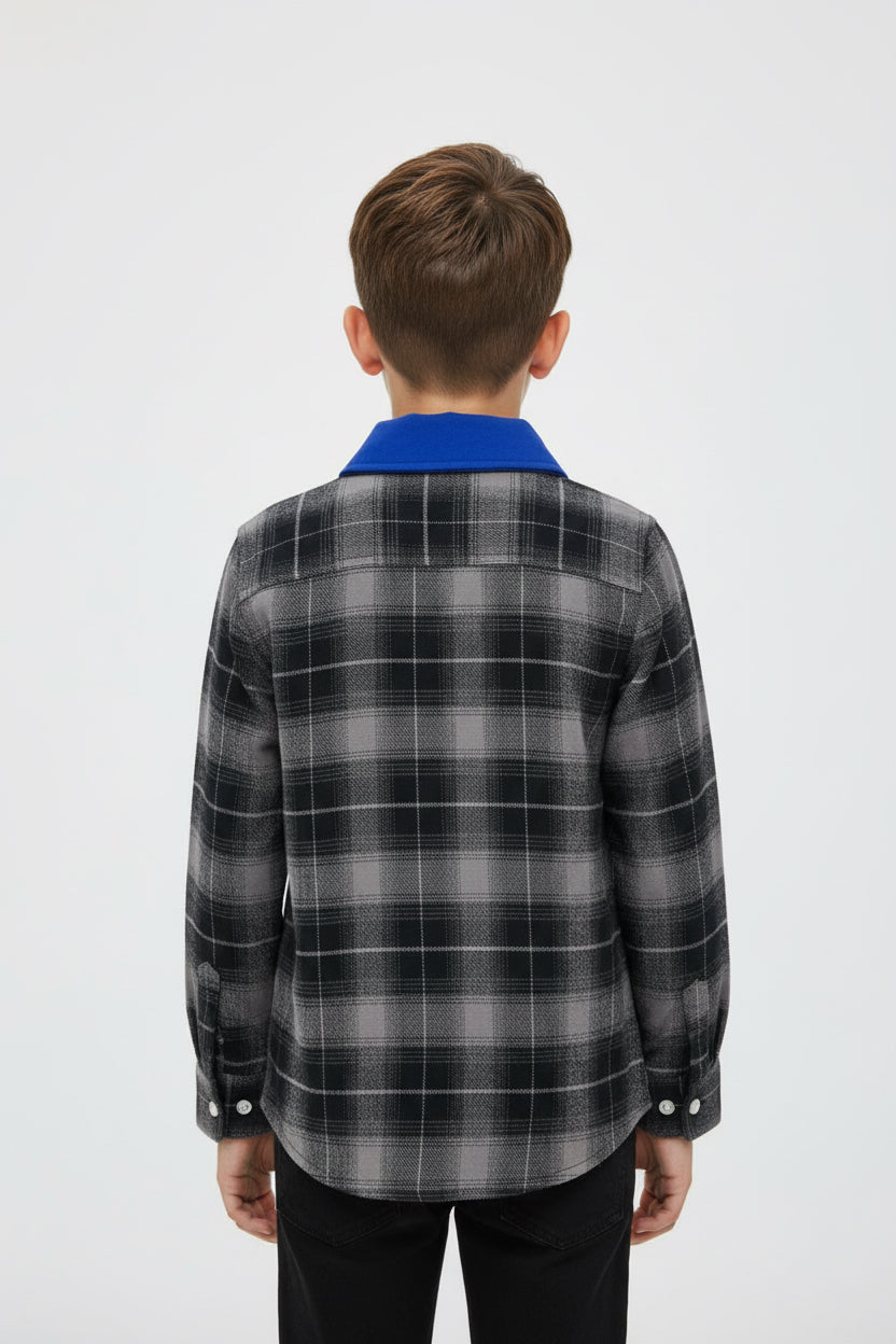 Boys' Blue Panel Plaid Flannel Shirt – Long Sleeve Cotton Button-Down (Ages 3-14) | MH