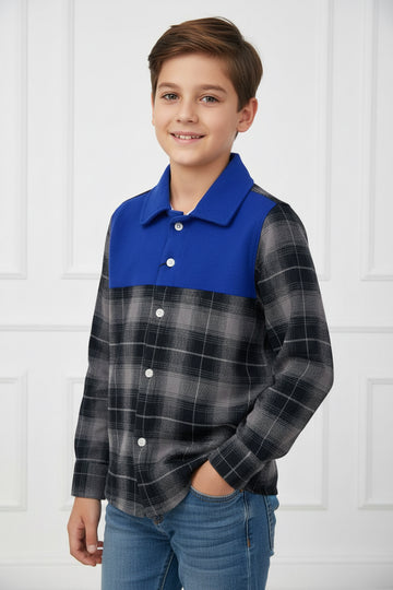 Boys' Blue Panel Plaid Flannel Shirt – Long Sleeve Cotton Button-Down (Ages 3-14) | MH