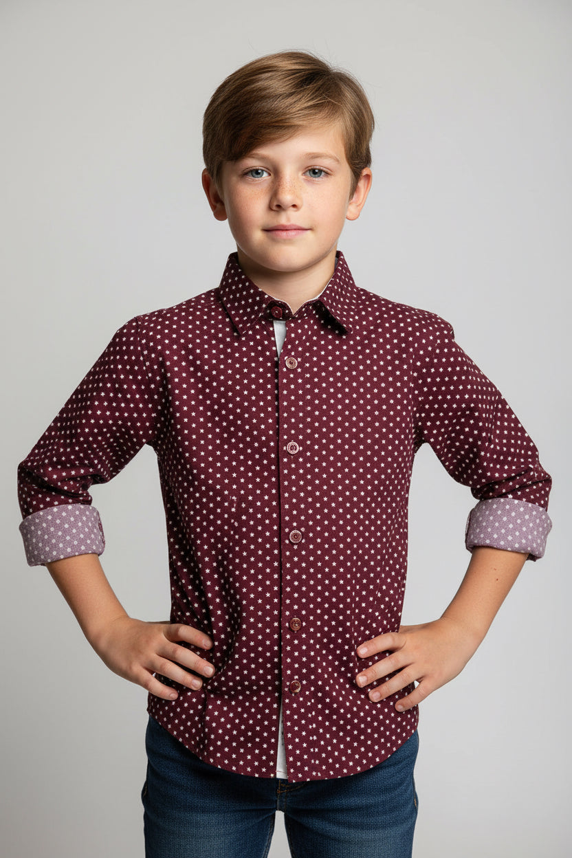 Boys' Premium Micro-Print Button-Down Shirt – Smart Casual Cotton Long Sleeve (Ages 3-14)