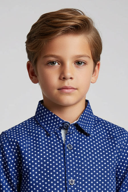Boys Blue Star Print Cotton Button-Up Shirt | Kids Casual Wear (1–12 Years)
