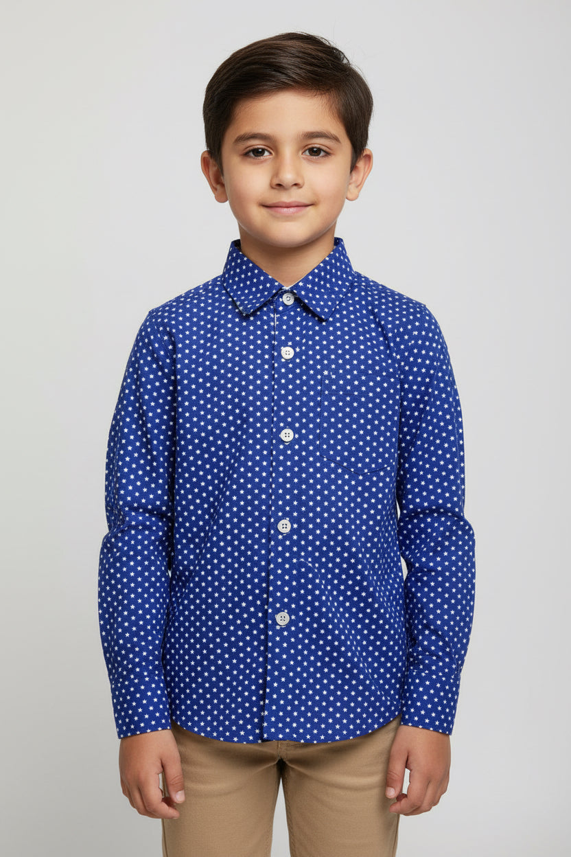 Boys Blue Star Print Cotton Button-Up Shirt | Kids Casual Wear (1–12 Years)