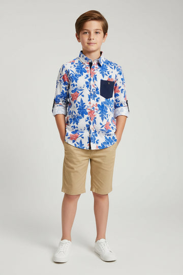 Boys Floral Print Long Sleeve Shirt | White Blue & Red Flower Pattern | Ages 3–14 Years | MH