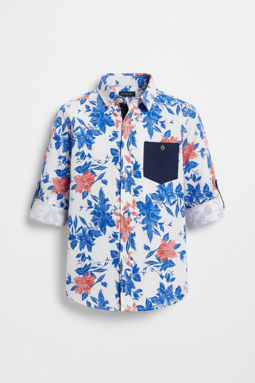 Boys Floral Print Long Sleeve Shirt | White Blue & Red Flower Pattern | Ages 3–14 Years | MH