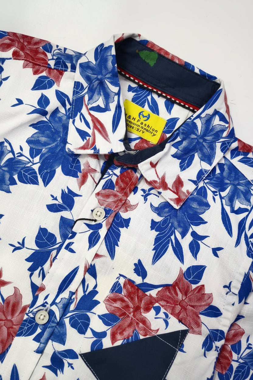 Boys Floral Print Long Sleeve Shirt | White Blue & Red Flower Pattern | Ages 3–14 Years | MH