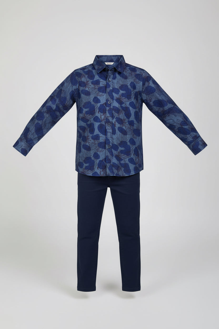 Boys Navy Blue Floral Abstract Print Long Sleeve Shirt | Smart Casual | Ages 3–14 Years