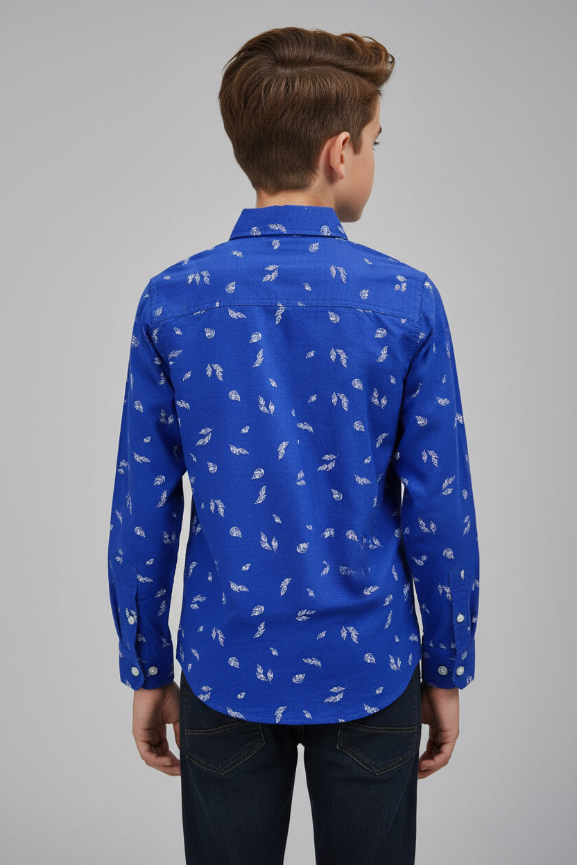 Boys Royal Blue Printed Long Sleeve Shirt | White Leaf & Lightning Bolt Print | Ages 1–12 Years | MH.