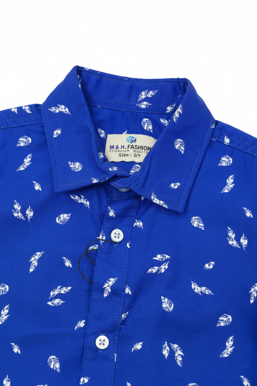 Boys Royal Blue Printed Long Sleeve Shirt | White Leaf & Lightning Bolt Print | Ages 1–12 Years | MH.
