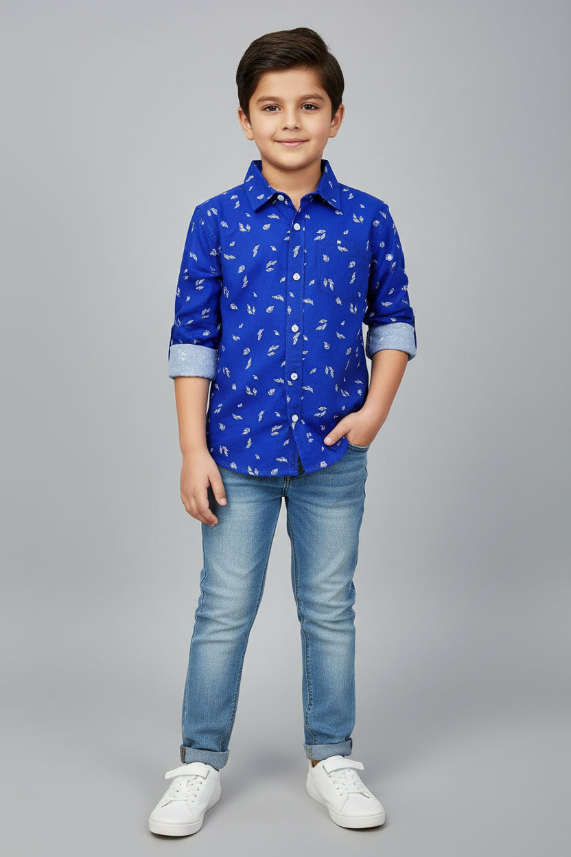 Boys Royal Blue Printed Long Sleeve Shirt | White Leaf & Lightning Bolt Print | Ages 1–12 Years | MH.