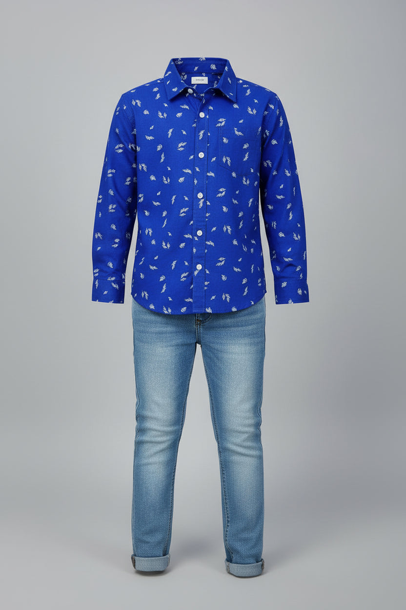 Boys Royal Blue Printed Long Sleeve Shirt | White Leaf & Lightning Bolt Print | Ages 1–12 Years | MH.