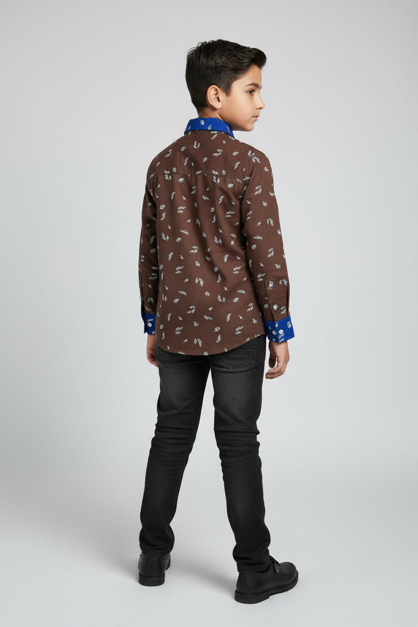 Boys Brown Scatter Print Long Sleeve Shirt | Royal Blue Contrast Collar & Cuffs | Ages 1–12 Years | MH.