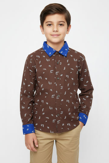 Boys Brown Scatter Print Long Sleeve Shirt | Royal Blue Contrast Collar & Cuffs | Ages 1–12 Years | MH.