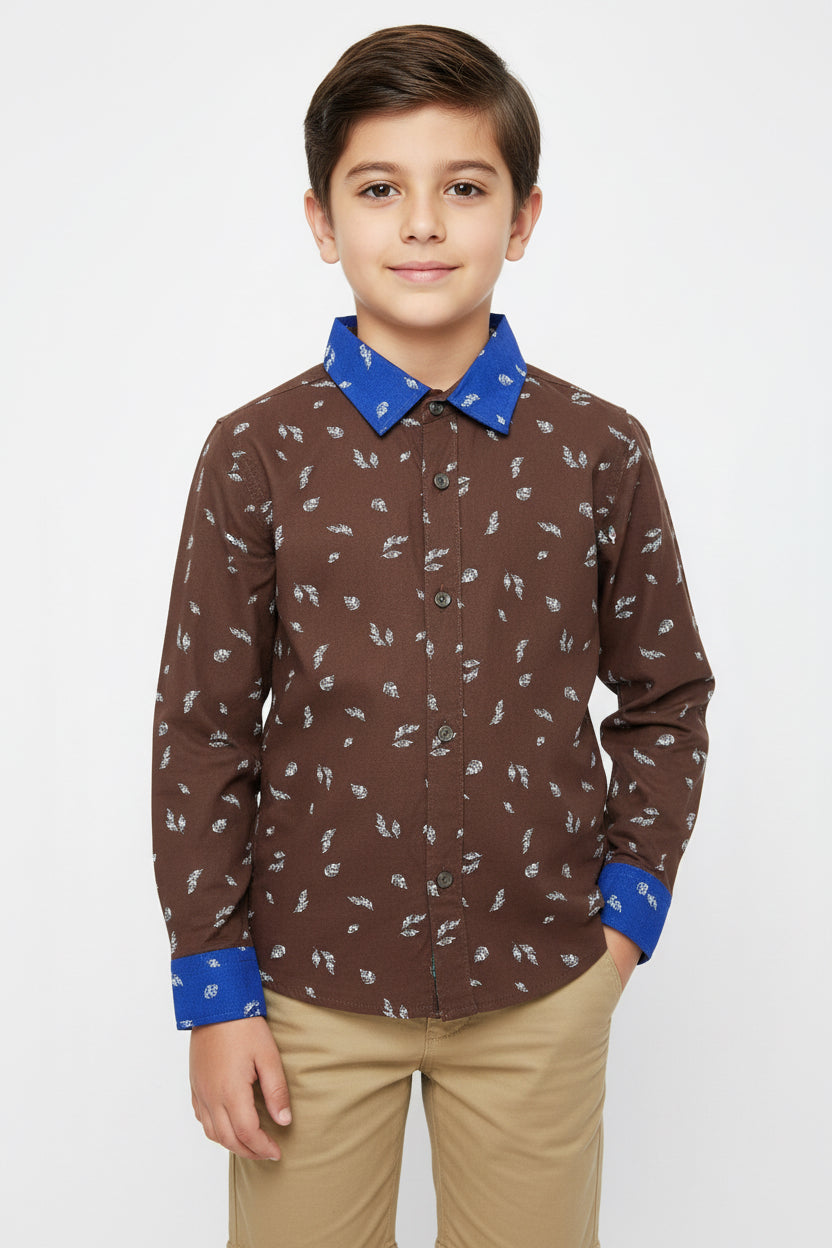 Boys Brown Scatter Print Long Sleeve Shirt | Royal Blue Contrast Collar & Cuffs | Ages 1–12 Years | MH.