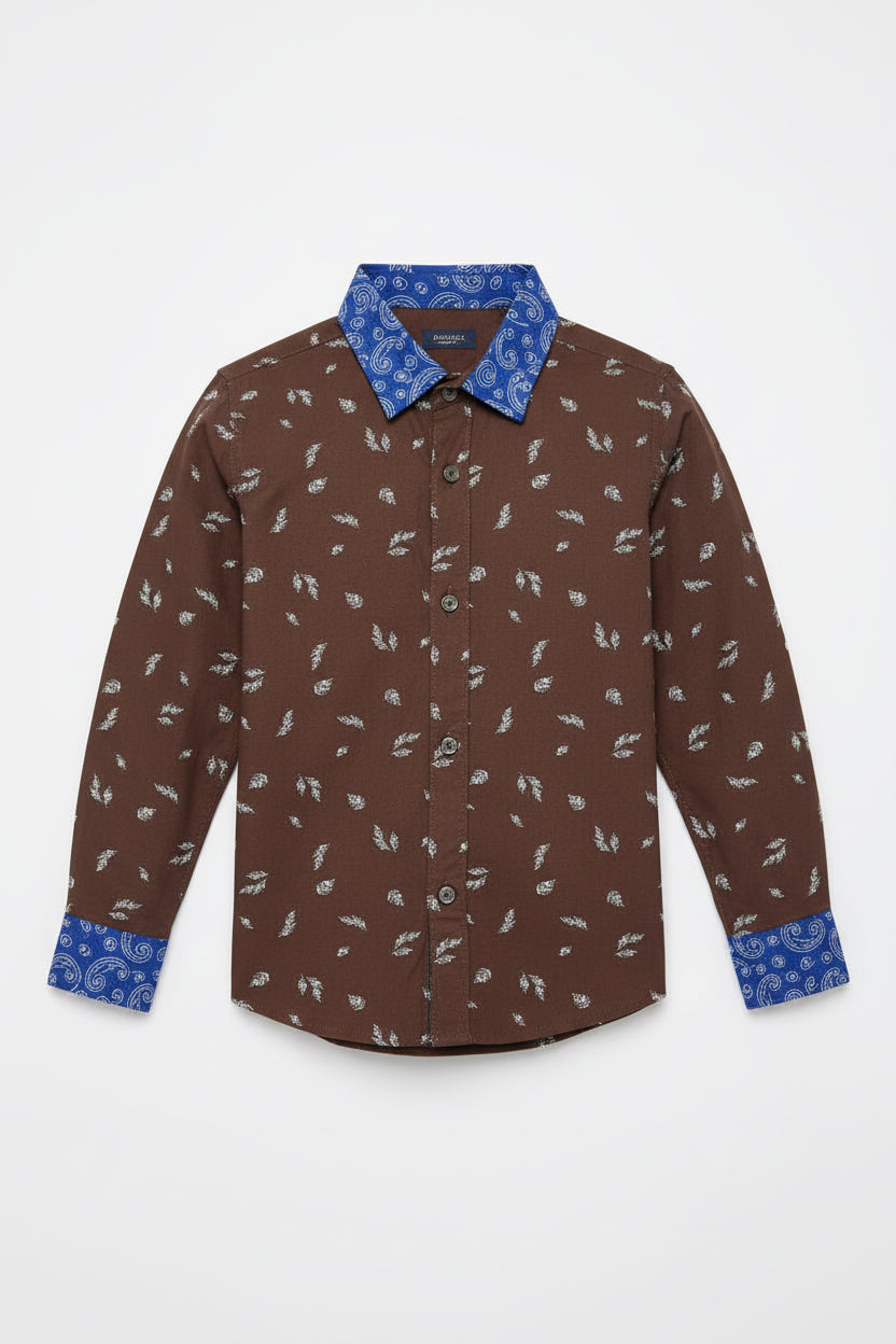 Boys Brown Scatter Print Long Sleeve Shirt | Royal Blue Contrast Collar & Cuffs | Ages 1–12 Years | MH.