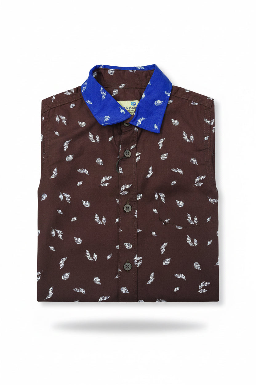 Boys Brown Scatter Print Long Sleeve Shirt | Royal Blue Contrast Collar & Cuffs | Ages 1–12 Years | MH.