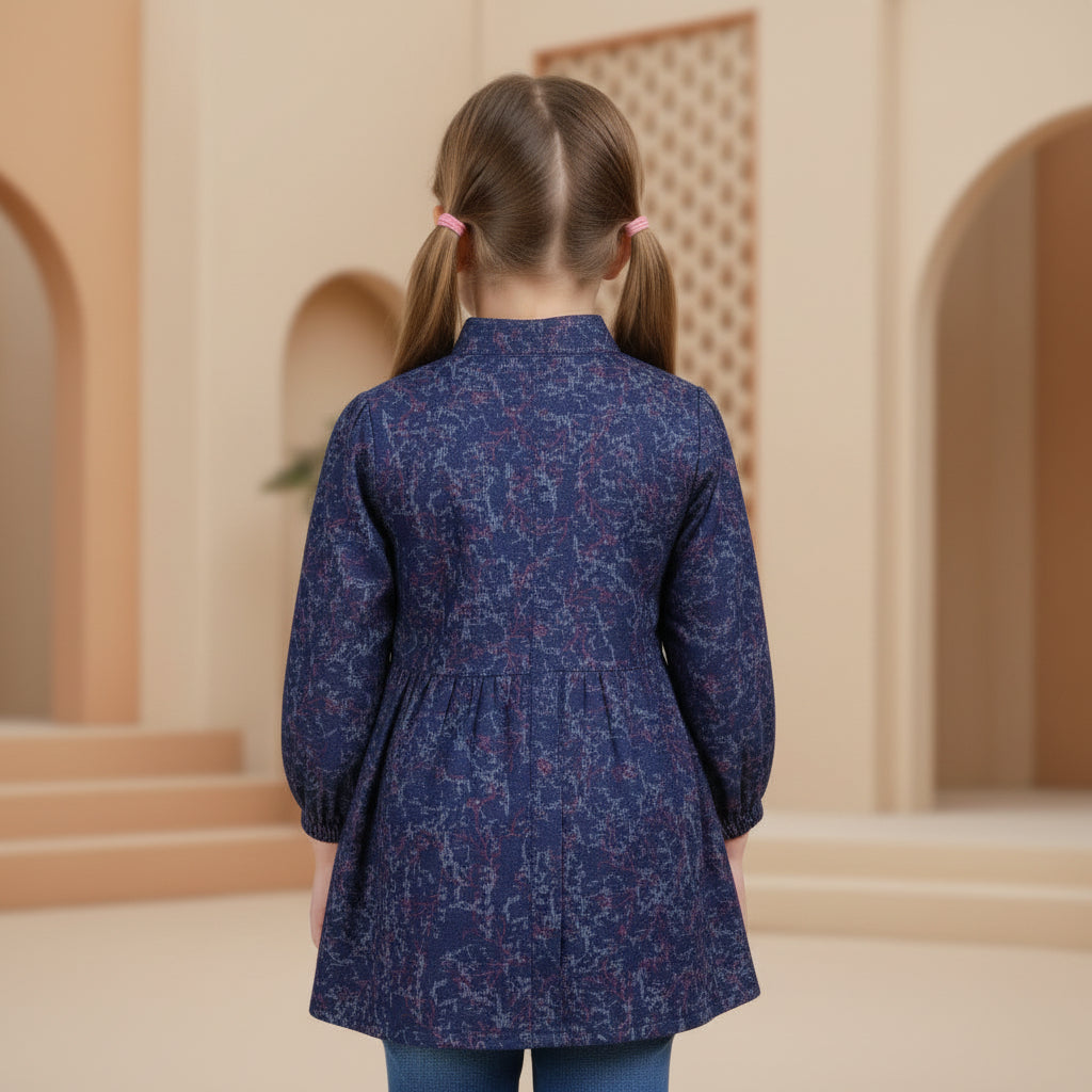 Girls Navy Blue Abstract Print Dress with Pink Buttons – Ages 2-12Y | MH