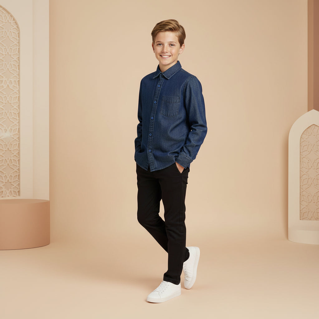 Boys Classic Denim Button-Down Shirt Full Sleeve | Sizes 2-12 Years | MH