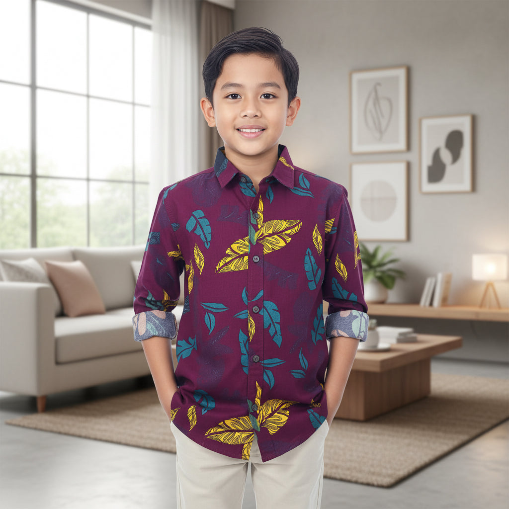 Boys Tropical Leaf Print Casual Long Sleeve Shirt | Burgundy | Ages 1–12 Years | MH