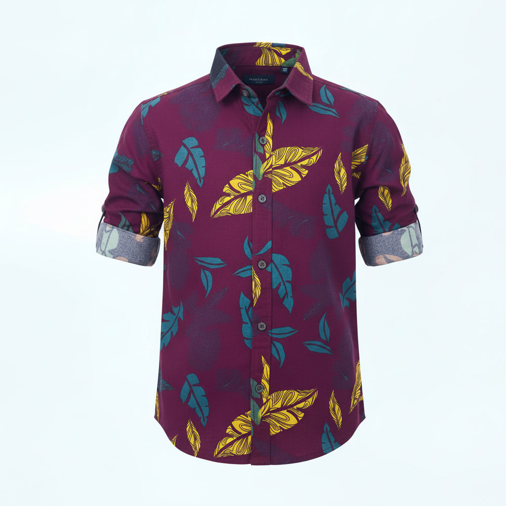 Boys Tropical Leaf Print Casual Long Sleeve Shirt | Burgundy | Ages 1–12 Years | MH
