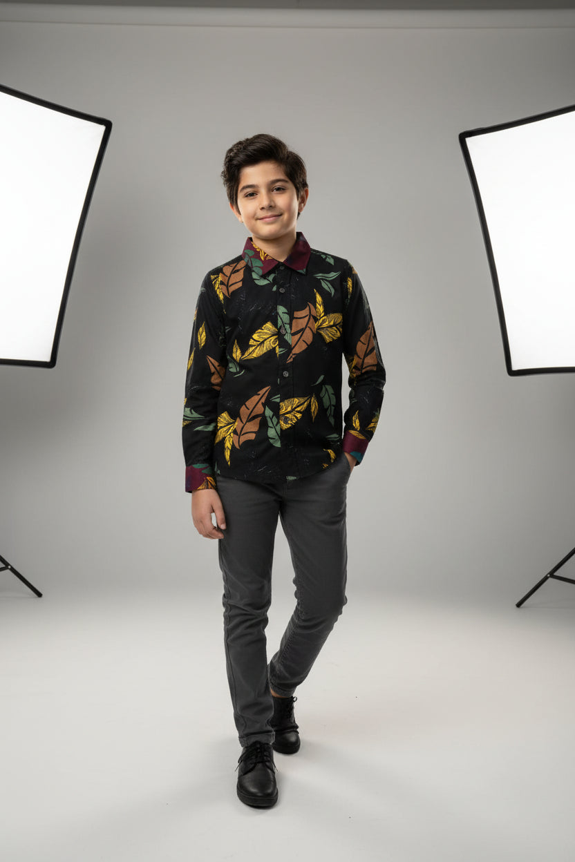 Boys Tropical Leaf Print Casual Long Sleeve Shirt | Ages 1–12 Years | MH