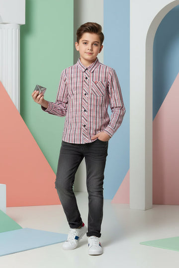 Boys Pink & Grey Plaid Check Long Sleeve Shirt | Dual Chest Pockets | Smart Casual | Ages 2–12 Years | MH
