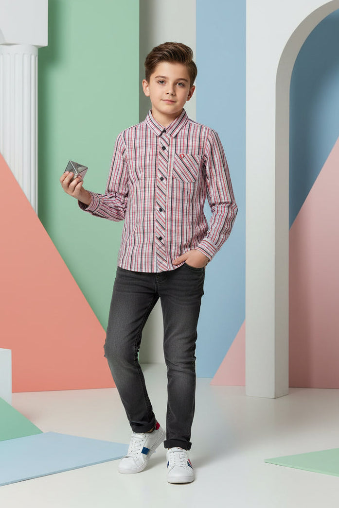 Boys Pink & Grey Plaid Check Long Sleeve Shirt | Dual Chest Pockets | Smart Casual | Ages 2–12 Years | MH