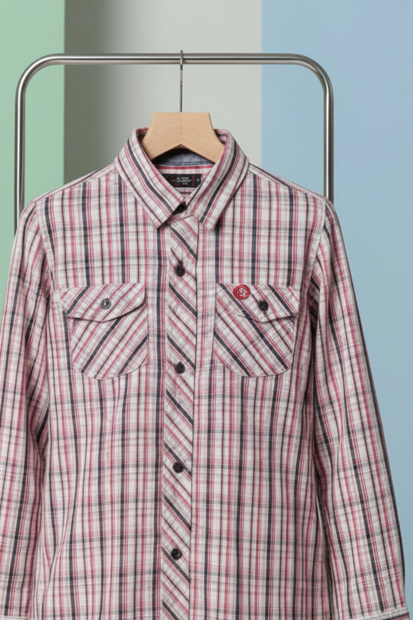 Boys Pink & Grey Plaid Check Long Sleeve Shirt | Dual Chest Pockets | Smart Casual | Ages 2–12 Years | MH