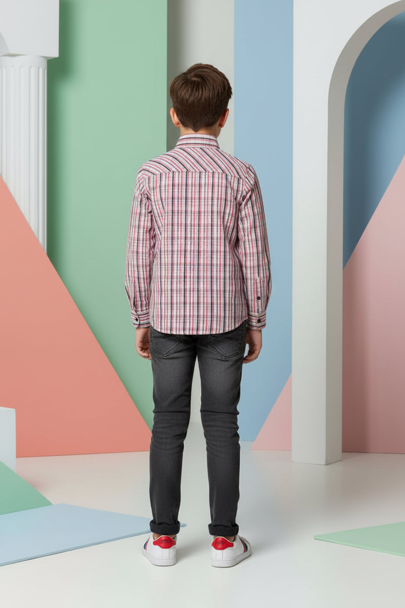 Boys Pink & Grey Plaid Check Long Sleeve Shirt | Dual Chest Pockets | Smart Casual | Ages 2–12 Years | MH