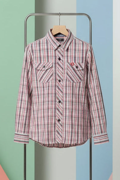 Boys Pink & Grey Plaid Check Long Sleeve Shirt | Dual Chest Pockets | Smart Casual | Ages 2–12 Years | MH