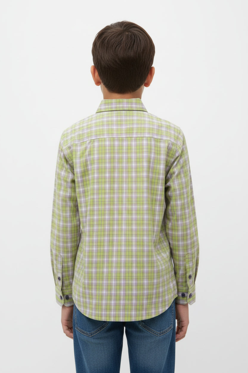 Boys Lime Green Check Long Sleeve Shirt | Navy Contrast Buttons & Cuffs | Smart Casual | Ages 2–12 Years | MH