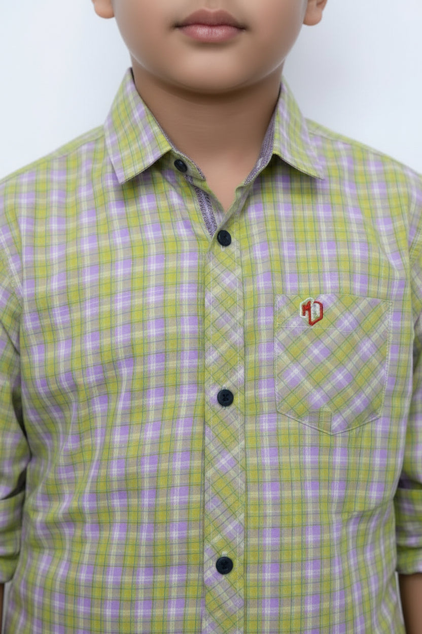 Boys Lime Green Check Long Sleeve Shirt | Navy Contrast Buttons & Cuffs | Smart Casual | Ages 2–12 Years | MH