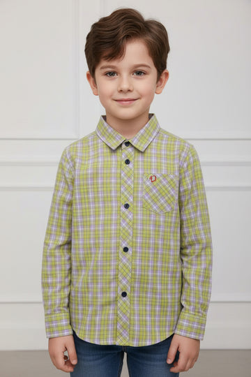 Boys Lime Green Check Long Sleeve Shirt | Navy Contrast Buttons & Cuffs | Smart Casual | Ages 2–12 Years | MH